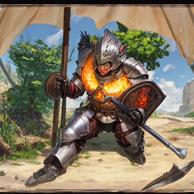 A huge goblin in armor with a helmet and a club and a shield in a dungeon