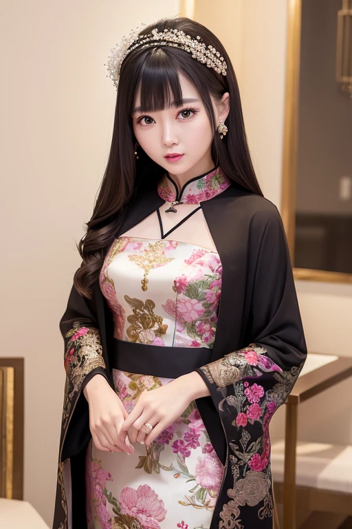 There is a woman wearing a Chinese dress, Age 27, 28 years old, 29-year-old, 32 years old, Delicate makeup, Ye Wen, 23 years old, Round face, Cute Liane, Pearl Necklace, Jade hairpin