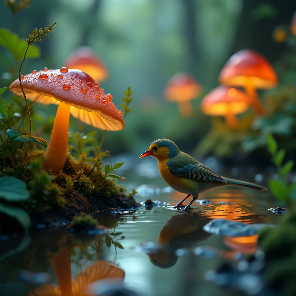 masterpiece, Macro photo of a bird drinking water in the forest, evening, mushroom, Dew Drops, High Contrast, Studio Ghibli Style, Very complex, Very detailed, Photorealistic Style