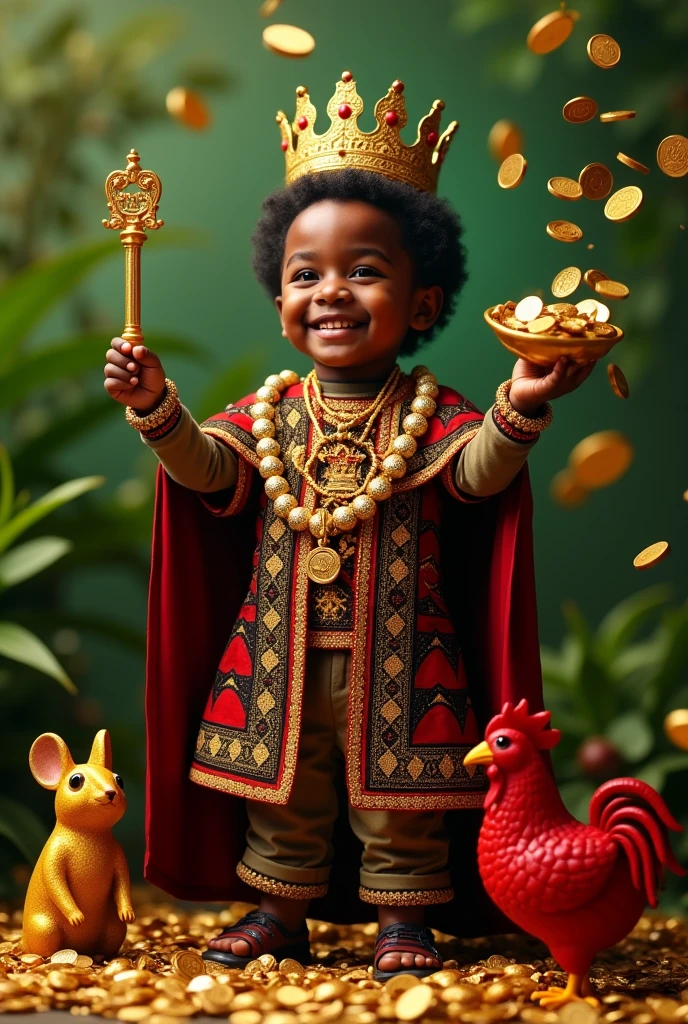 Holy Elegua, black boy , short black hair approximately , standing, smiling, In one hand he holds a key and in the other he has gold coins. that is dropping to the ground, with a golden crown and a king&#39;s robe in red and black embroidered in gold. Next to his right foot a golden mouse and next to his left foot a red rooster, full body.