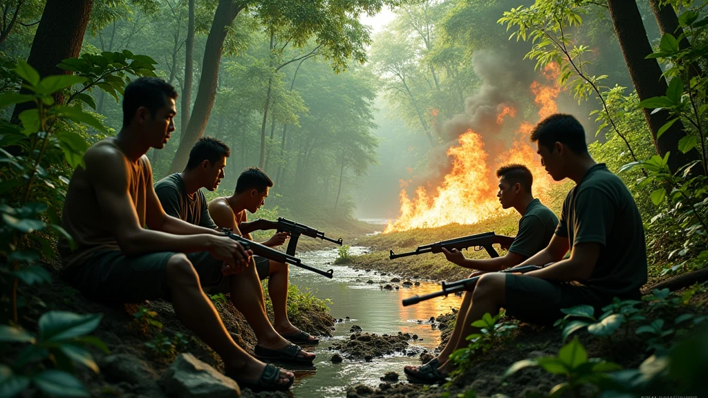 5 Khmer men holding gun () and sitting nearby the small river in the forest with flames nearby 8k