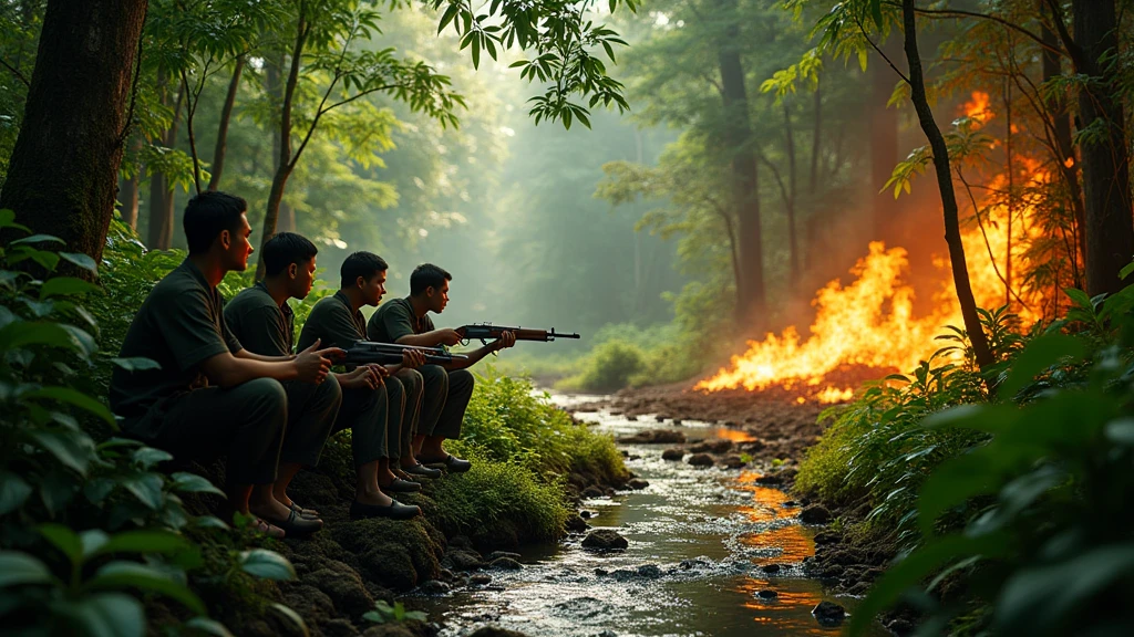 5 Khmer men holding gun () and sitting nearby the small river in the forest with flames nearby 8k
