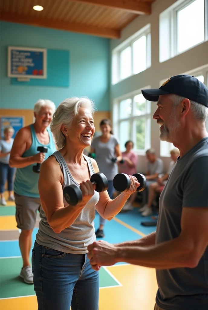 a room has weight training equipment and elderly people training in the background.