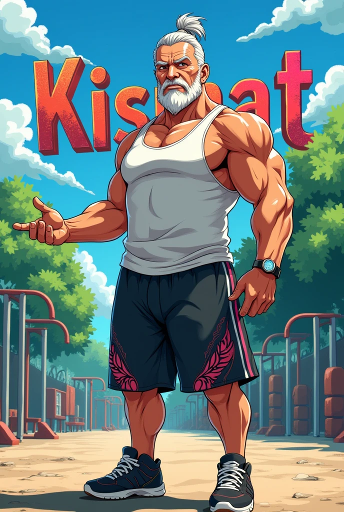A anime old man Fitness trainer standing in ground and showing hand gesture in left side where kismat is written 