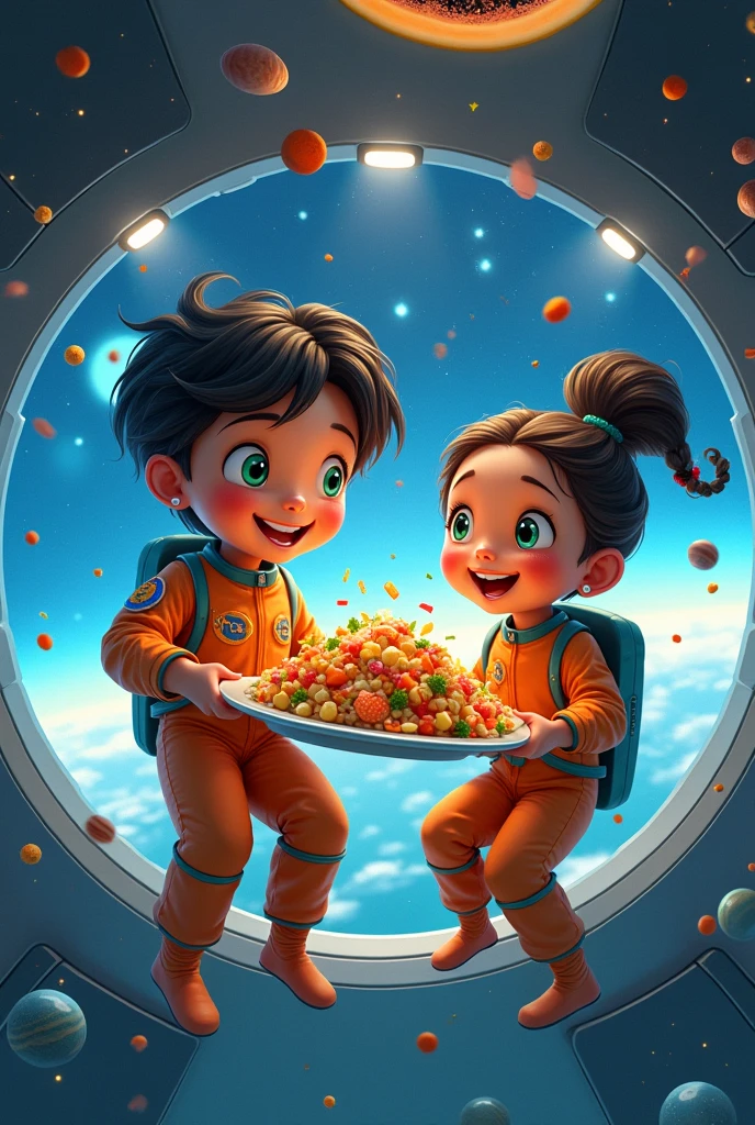 There is a boy and a girl are eating piece of papaya salad on space station together with joygul