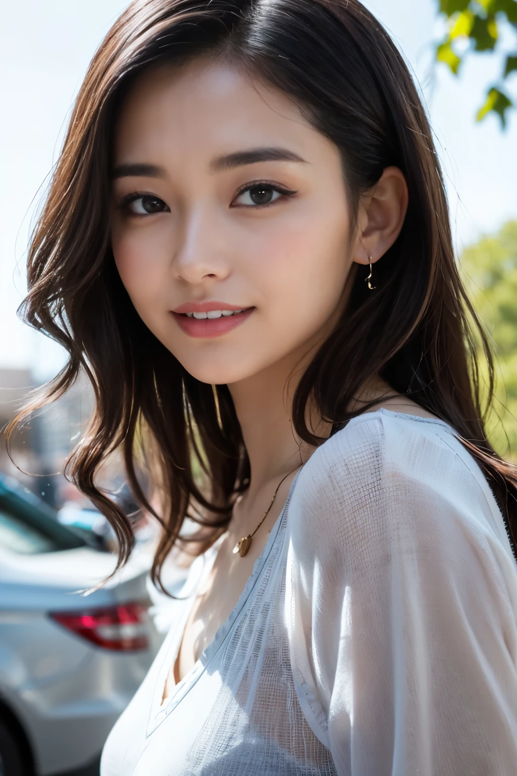 (8K,RAW photos、RAW photos、Top quality、Masterpiece:1.2)、Ultra Detailed、Super Resolution、(Photorealistic:1.3)、Frontal shooting angle、Draw light and shadow clearly、High-resolution RAW color photos、Professional photography、Same skin type as humans、Japanese female proofreading from head to toe、Blurred Background、Faithful to anatomy、Very detailed and beautiful、Ultra-high quality、long、Hair swaying,Sexy、Very detailed beautiful girl、(Pink Eyeshadow)、Smile、plainclothes、Parking on a sunny day、Loose curly hair、wave her hand、perforation、A necklace