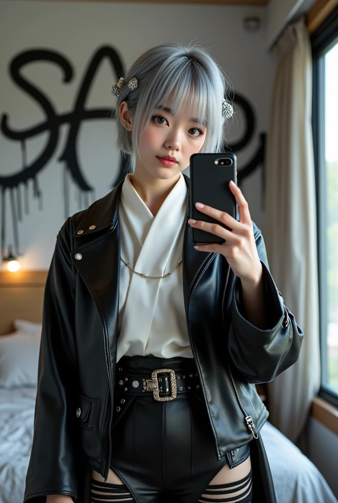 highly detailed, beautiful, hyper Realistic girl, masterpiece, best quality, Japanese sexy gravure woman, 28 years old, identity hidden, takes a selfie in her room using a smartphone in front of a mirror with one hand, standing, fashion model Posing, looking away from the camera, /// gray casual punk hair, light color eyes, Realistic skin, Detailed face, /// (hairstyle with complicated decorations:1.3), _ (White and black graffiti-covered walls:1.4), _ BREAK (wide angle:1.7), _ BREAK(White and black theme:1.4), (Geometric pattern print:1.4),(fusion of traditional High collar kimono and punk elements:1.4), (black leather jacket with white silk kimono:1.2), (silver studded details on kimono:1.2), (punk-inspired accessories, black Leather thigh belt:1.4), _ BREAK (punk-style boots:1.2), /// Monotone simple Japanese modern taste single room, mirror, complicated background,