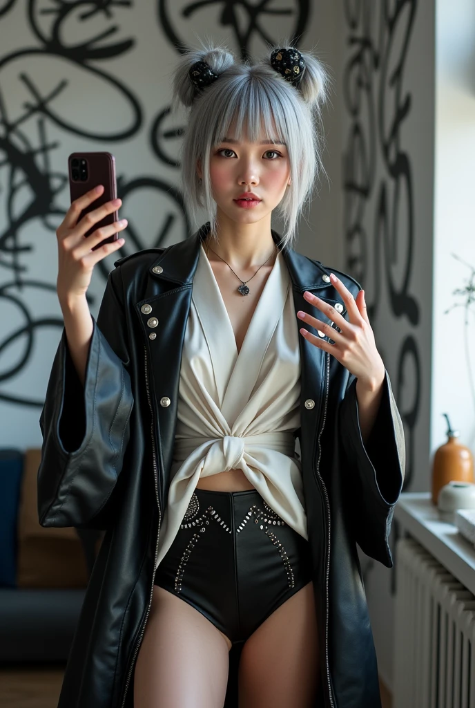 highly detailed, beautiful, hyper Realistic girl, masterpiece, best quality, Japanese sexy gravure woman, 28 years old, identity hidden, takes a selfie in her room using a smartphone in front of a mirror with one hand, standing, fashion model Posing, looking away from the camera, /// gray casual punk hair, light color eyes, Realistic skin, Detailed face, /// (hairstyle with complicated decorations:1.3), _ (White and black graffiti-covered walls:1.4), _ BREAK (wide angle:1.7), _ BREAK(White and black theme:1.4), (Geometric pattern print:1.4),(fusion of traditional High collar kimono and punk elements:1.4), (black leather jacket with white silk kimono:1.2), (silver studded details on kimono:1.2), (punk-inspired accessories, black Leather thigh belt:1.4), _ BREAK (punk-style boots:1.2), /// Monotone simple Japanese modern taste single room, mirror, complicated background,
