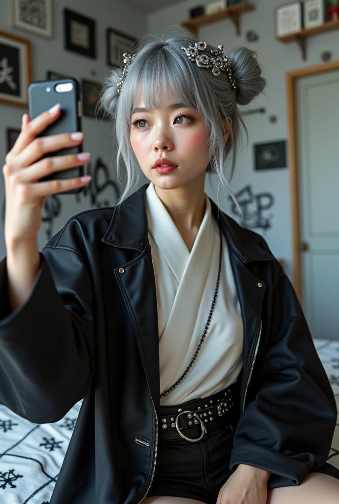 highly detailed, beautiful, hyper Realistic girl, masterpiece, best quality, Japanese y gravure woman, 28 years old, identity hidden, takes a selfie in her room using a smartphone in front of a mirror with one hand, standing, fashion model Posing, looking away from the camera, /// gray casual punk hair, light color eyes, Realistic skin, Detailed face, /// (hairstyle with complicated decorations:1.3),  _ (White and black graffiti-covered walls:1.4), _ BREAK (wide angle:1.7), _ BREAK（White and black theme:1.4), (Geometric pattern print:1.4),(fusion of traditional High collar kimono and punk elements:1.4), (black leather jacket with white silk kimono:1.2), (silver studded details on kimono:1.2), (punk-inspired accessories, black Leather thigh belt:1.4), _ BREAK (punk-style boots:1.2),  /// Monotone simple Japanese modern taste single room, mirror, complicated background,
