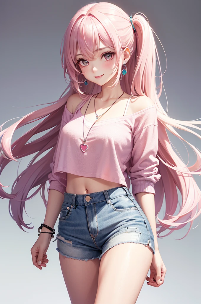 Best Quality,High resolution,8k,(plain white background, no patterns, no textures, just a plain white background:1.3),Masterpiece:1.2),beautiful girl,Shiny pink hair,messy hair,Pink eyes,oversized graphic tee, paired with pre-ripped jeans, colorful cotton fabric with a subtle pattern, casual sneakers with a pop of color, Accessories include a playful pendant necklace and colorful stud earrings,Gentle look,A refreshing look,smile,Best quality,Best Quality,Aesthetic and aesthetic:1.2,Best details((Super detailed))(High-definition CG illustrations),Slender body,smile,blush,cute,Scrounge,Looking up,Being spoiled,super model