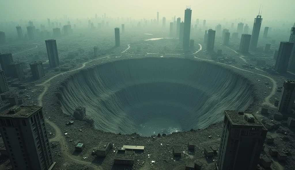 Aerial view of a ruined city after a nuclear blast, destroyed surrounding buildings, rubbles, big crater because of nuclear blast, low contrast, desaturated, cinematic