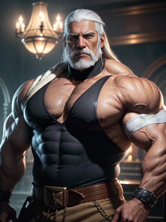 Muscular security guard with open mouth，Chris Redfield，He wears a long-sleeved turtleneck sweater，He had sad eyes in his eyes，Grievanced frown，Emerald charming eyes，Tall and burly，musculous！Tall, Burly and strong， Extremely detailed depiction of faces，Exquisite facial features，super gain and cool， commission for high resolution， Attractive strong men，His luxurious living room, Old man, JP, An award-winning original photo, ( brown skin color), long gray hair, full white beard, A wild muscular old man, (80 years old daddy:1.1), 1boy, Solo, (tanktop), (big shoulders), musculature, stubbles, dark skin, long grey hair, thick grey beard, Detailed face, (evil smile), blue eyes, veins, wrinkles, big old man nose, nose with pronounced bridge and outward curve that protrudes from the base of the nose, dark olive skin color, brown skin, veins, absurdly huge nose, hawk nose, convex nose, well groomed moustache, (flexing his biceps), Dynamic Angle, volumetric lighting, (Best quality, A high resolution, Photorealistic), Cinematic lighting, Masterpiece, RAW photo, Intricate details, hdr, upper body shot
