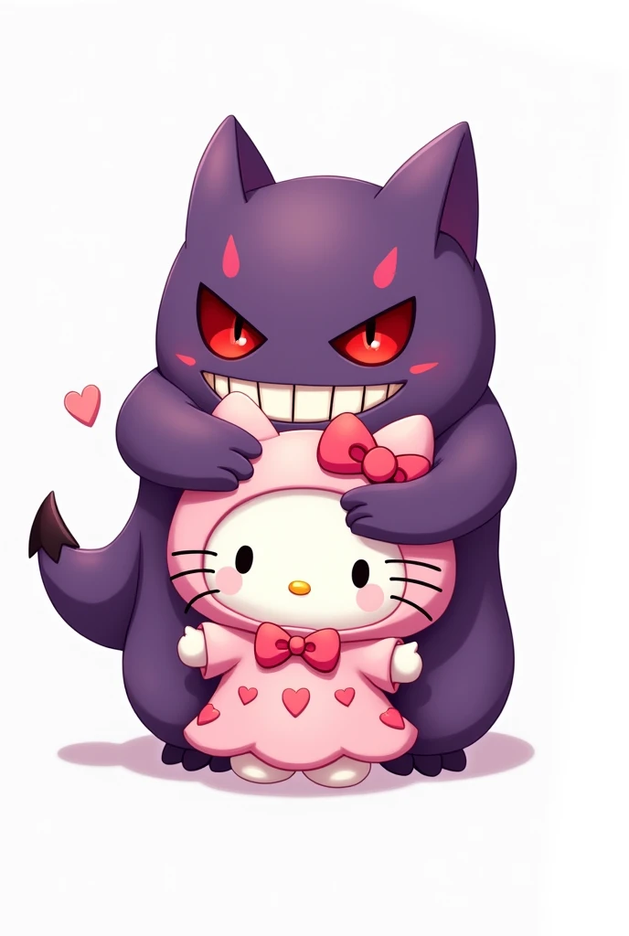 Evil Gengar and Pink Hello Kitty, with clothes, lovers, 2d, White background