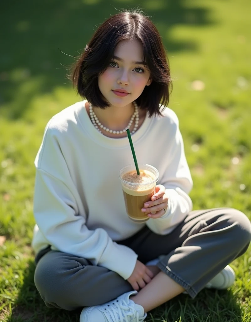 (RAW photo, best quality, masterpiece: 1.2), (photorealistic: 2), (Polish girl, 20 years old, black hair, Light grey eyes, short bob cut, hair in 7 thirds, hair over one ear, Symmetrical eyes, solo, Detailed Skin:1.1), White oversized sweatshirt, dark grey pants, white sneakers, pearl necklace, sitting Indian style on the grass, drinking cafe latte from a clear cup with a green straw, angled from above, looking up, sunny