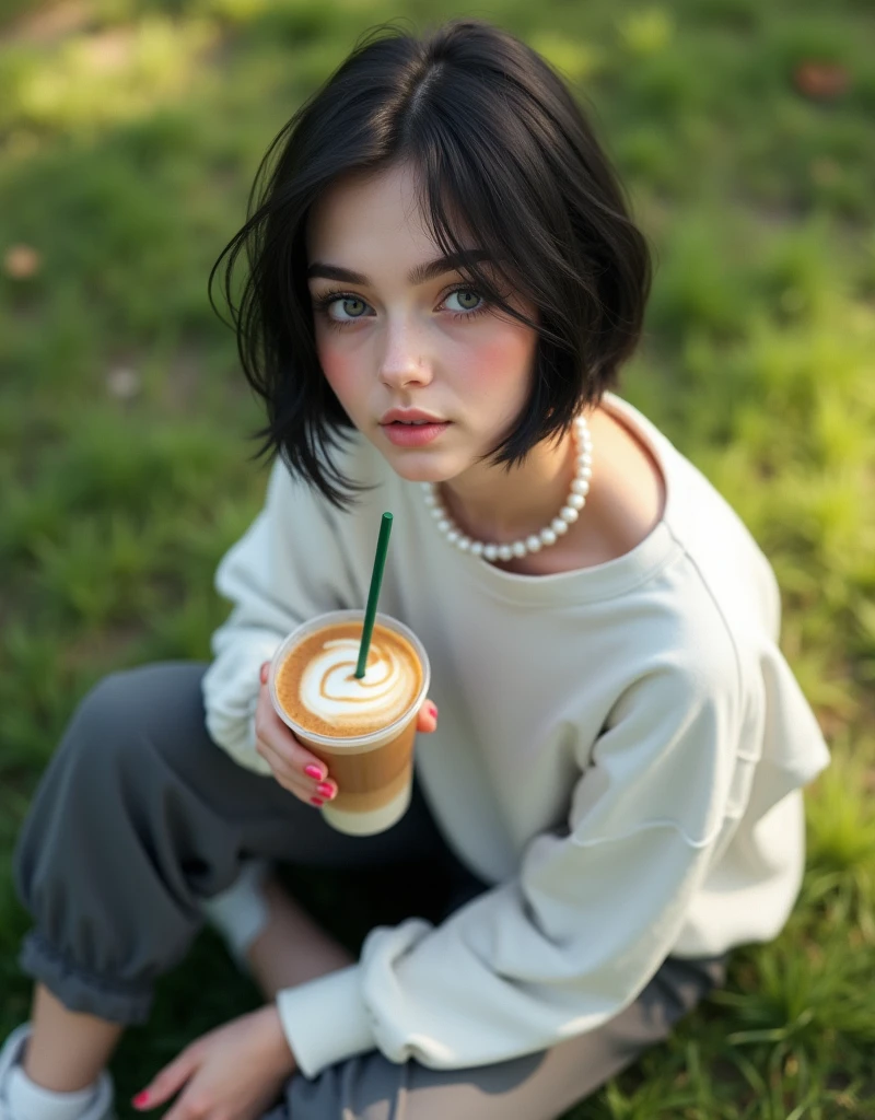 (RAW photo, best quality, masterpiece: 1.2), (photorealistic: 2), (Polish girl, 20 years old, black hair, Light grey eyes, short bob cut, hair in 7 thirds, hair over one ear, Symmetrical eyes, solo, Detailed Skin:1.1), White oversized sweatshirt, dark grey pants, white sneakers, pearl necklace, sitting Indian style on the grass, drinking cafe latte from a clear cup with a green straw, angled from above, looking up, sunny