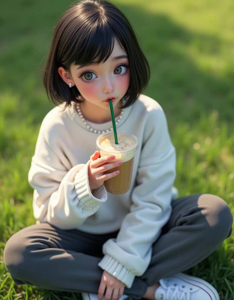 (RAW photo, best quality, masterpiece: 1.2), (photorealistic: 2), (Polish girl, 20 years old, black hair, Light grey eyes, short bob cut, hair in 7 thirds, hair over one ear, Symmetrical eyes, solo, Detailed Skin:1.1), White oversized sweatshirt, dark grey pants, white sneakers, pearl necklace, sitting Indian style on the grass, drinking cafe latte from a clear cup with a green straw, angled from above, looking up, sunny