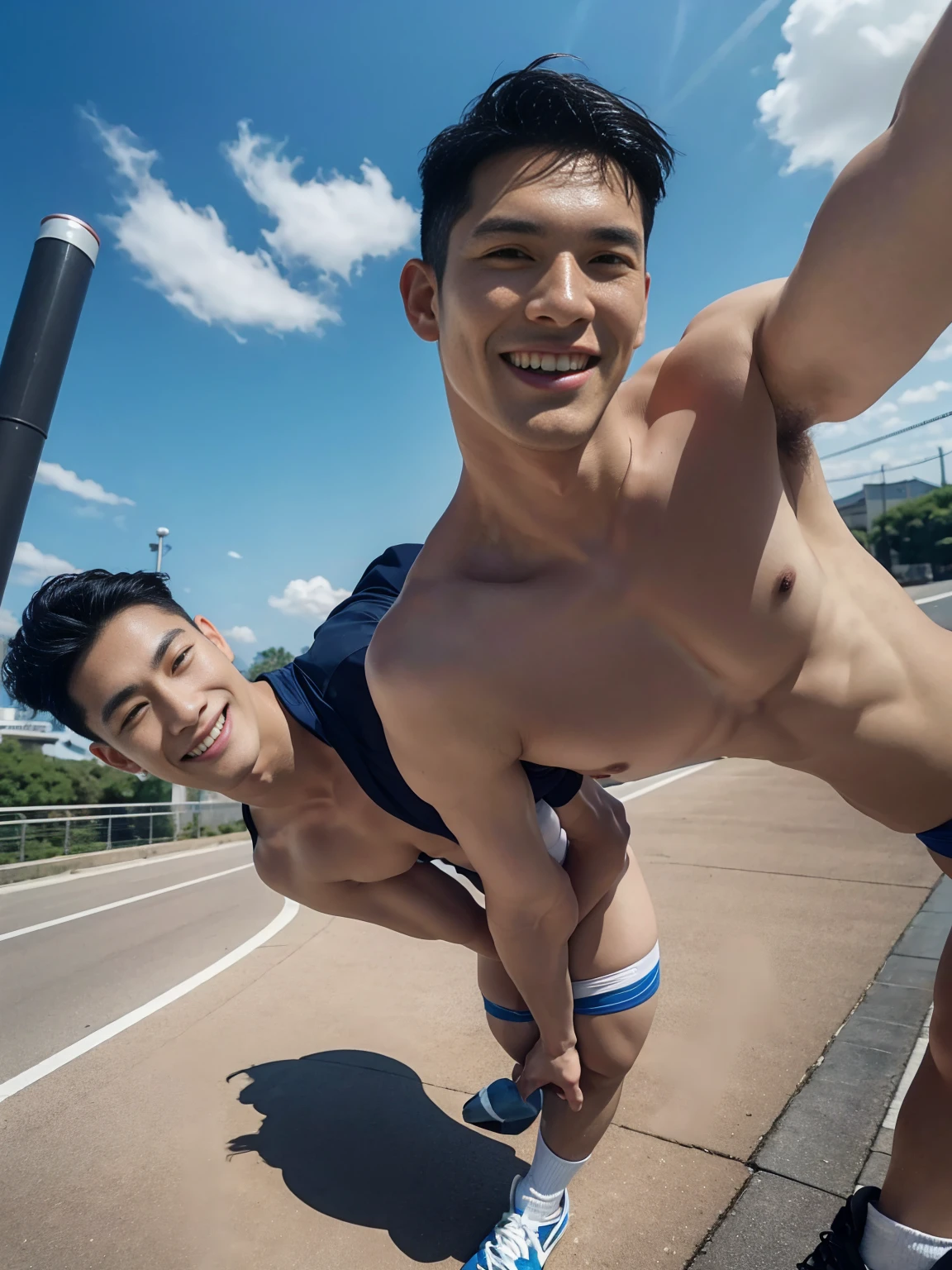Top quality, ultra high resolution, very detailed, (photorealistic: 1.4), dynamic angle, very handsome, perfect face, model shooting, full body, flying in the sky, naughty 25 years old Japan man, shirtless, soccer socks, soccer pants, selfie, (aegyo sal: 0.2), perfect body, (blue shaved side hair: 1), smile, natural light,
