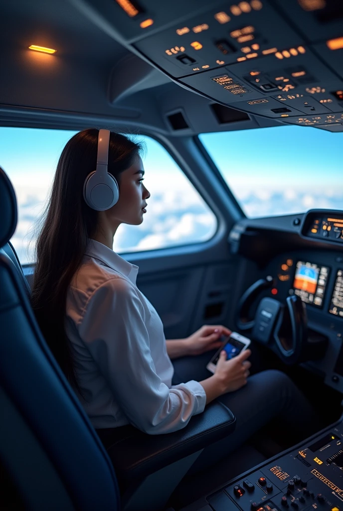 Standing in the cockpit of an airplane，You can see the airplane seats，The seat has a screen on the headrest，An Asian woman wearing headphones and looking at the screen