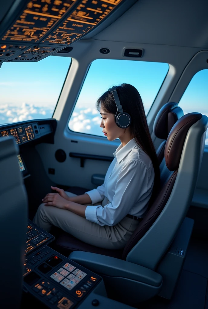 Standing in the cockpit of an airplane，You can see the airplane seats，The seat has a screen on the headrest，An Asian woman wearing headphones and looking at the screen
