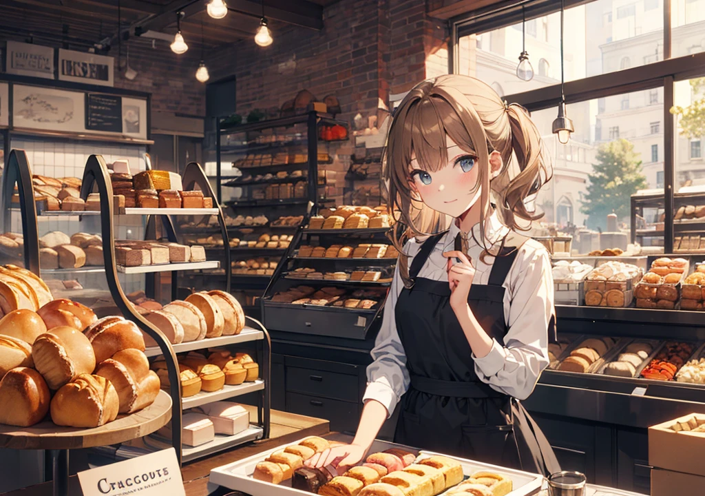 Realistic photos, Focus distance 10mm, Red and white, Beautiful girl, Realistic photos, Shooting at focus distance 10mm, masterpiece, 最high quality, high quality, Very detailed CG 8k wallpaper unit, Award-winning photography, Depth of written boundary, High resolution, bloom, chromatic aberration, Realistic, Very detailed, Art Station Trends, CGsociety Trends, Complex, High detail, dramatic, Art on the go, volumetric lighting, beautiful girl wears a pastel-colored apron dress in a cute French bakery on a cobblestone street corner in a Disney-esque Paris. Croissants and baguettes are beautifully arranged in the glass windows of the bakery, and the aroma of freshly baked bread wafts from inside the shop. The girl looks out at the street outside with a soft smile as she arranges colorful macarons on a tray. In the background is a warm, magical cityscape reminiscent of a Disney movie