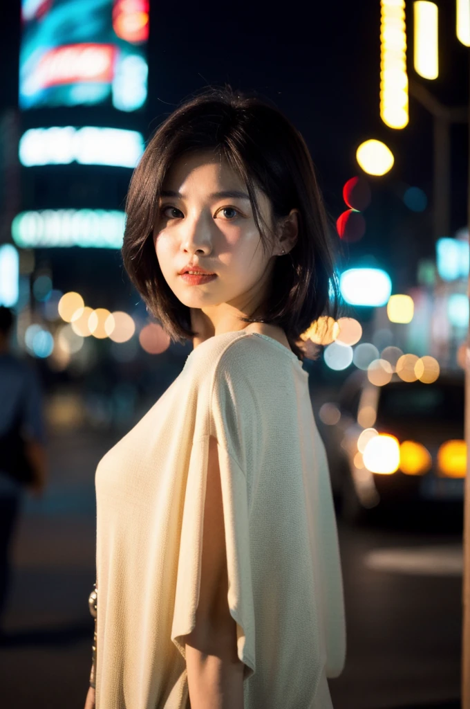(Cinematic Aesthetic:1.4) Photo of a beautiful korean fashion model bokeh city night