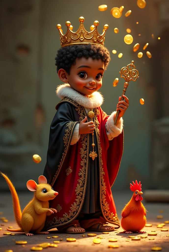 Holy Elegua, black boy , short black hair approximately five years old, standing, smiling, In one hand he holds a key and in the other he has gold coins. that is dropping to the ground, with a golden crown and a king's robe in red and black embroidered in gold. Next to his right foot a golden mouse and next to his left foot a red rooster, full body.