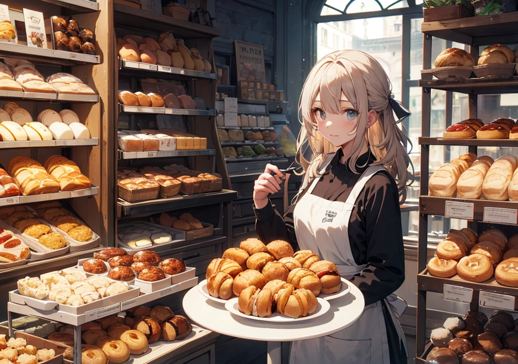 Realistic photos, Focus distance 10mm, Red and white, Beautiful girl, Realistic photos, Shooting at focus distance 10mm, masterpiece, 最high quality, high quality, Very detailed CG 8k wallpaper unit, Award-winning photography, Depth of written boundary, High resolution, bloom, chromatic aberration, Realistic, Very detailed, Art Station Trends, CGsociety Trends, Complex, High detail, dramatic, Art on the go, volumetric lighting, beautiful girl wears a pastel-colored apron dress in a cute French bakery on a cobblestone street corner in a Disney-esque Paris. Croissants and baguettes are beautifully arranged in the glass windows of the bakery, and the aroma of freshly baked bread wafts from inside the shop. The girl looks out at the street outside with a soft smile as she arranges colorful macarons on a tray. In the background is a warm, magical cityscape reminiscent of a Disney movie