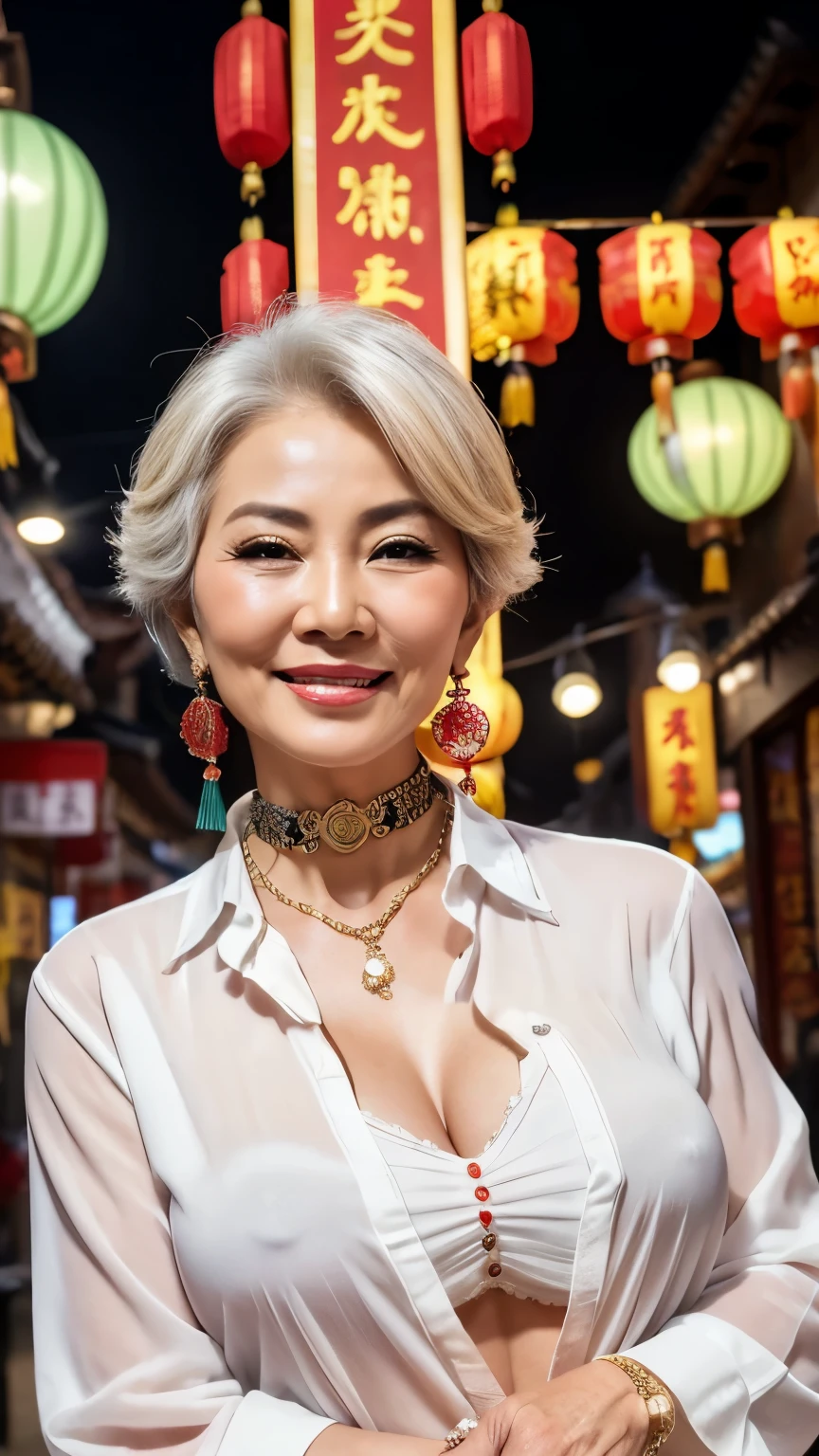 75 years old　mom　milf　Chinese Lady　large earring　Big choker　navel piercing decoration　A bracelet　realisitic　Gorgeous Madame Beautiful Mature Woman　sexly　Smile　Gentle woman navel piercing　４K　High quality　Collared shirt　Heavy chest