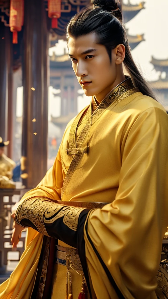 A prince of the Chinese empire, white skin, wear gold clown, gold clothes kingdom