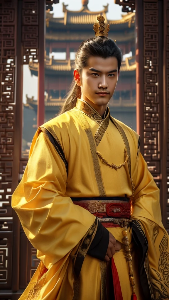 A prince of the Chinese empire, white skin, wear gold clown, gold clothes kingdom