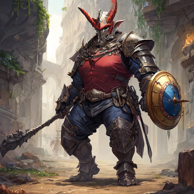A huge, heavily built goblin in armor with a helmet, mace and shield in a dungeon
