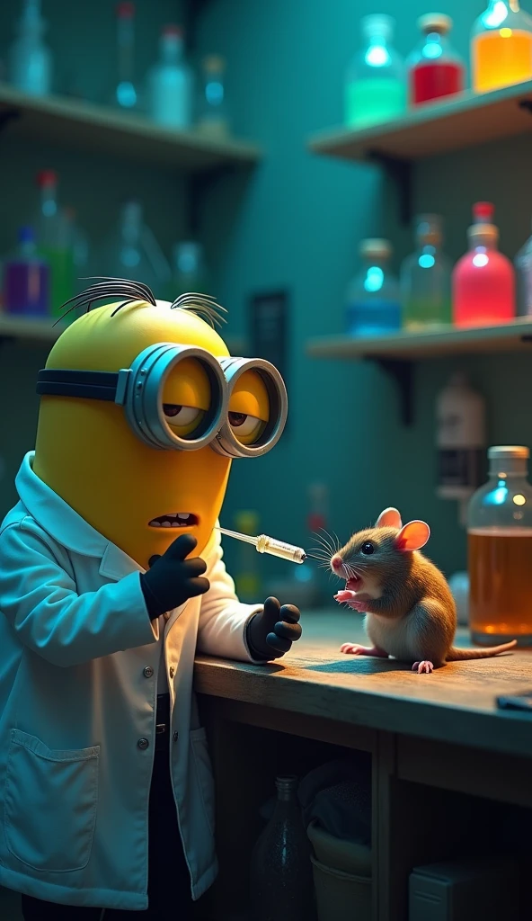 Minion is wearing a scientist suit doing research On the lab table Minion is holding a needle to inject a mouse , On the counter are shelves of chemicals. Right view, the highlight is Minion and the mouse. The image is very scary and spooky.