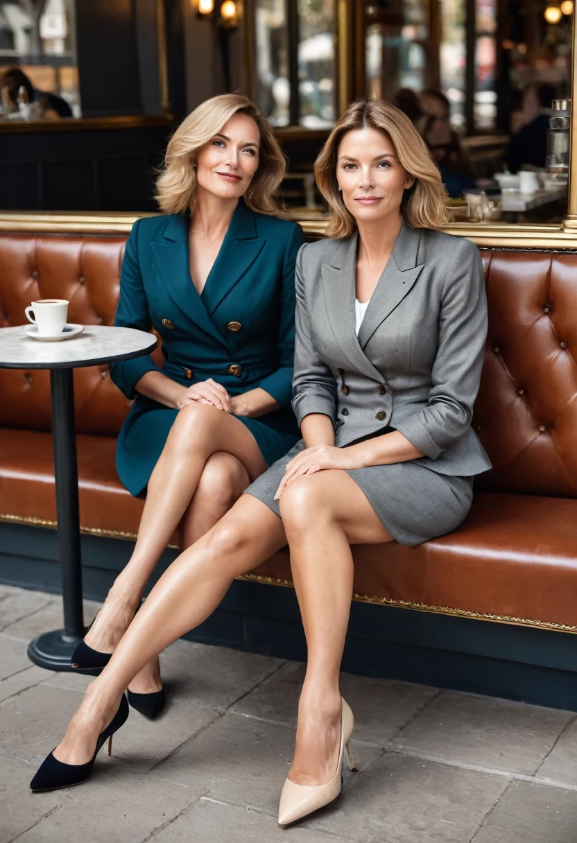 Portrait réaliste de 2 femme bourgeoise mince de 45 ans et 35 ans. belle femme chatain et blonde. peau bronzée. cheveux courts droit. portant un chemisier et un tailleur. jupe. Des talons, jambes avec bas. Dans un café. Assise à côté d'une autre femme sur une banquette du café, autre femme bourgeoise, rousse, 35 ans portant tailleur bourgeois aussi. Elles se regardent avec séduction. couple lesbien discret. portrait de biais, on doit voir de la tete au pieds. main sur une cuisse de l'autre.