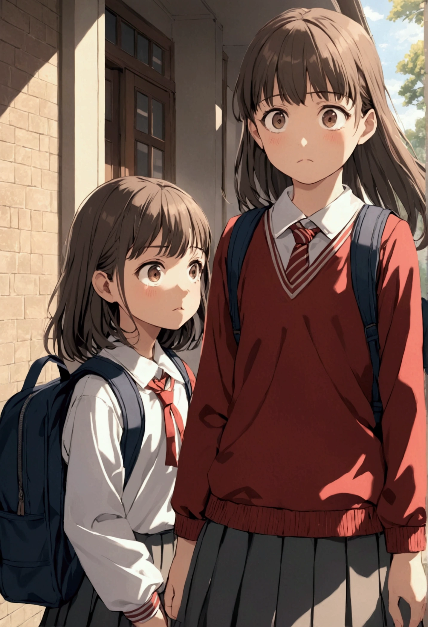 Sister's heading to school start of new year, nervous expression 