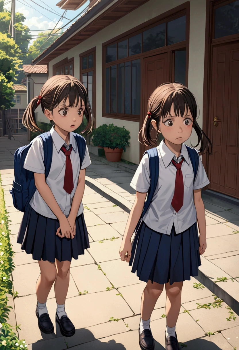 Sister's heading to school start of new year, nervous expression 