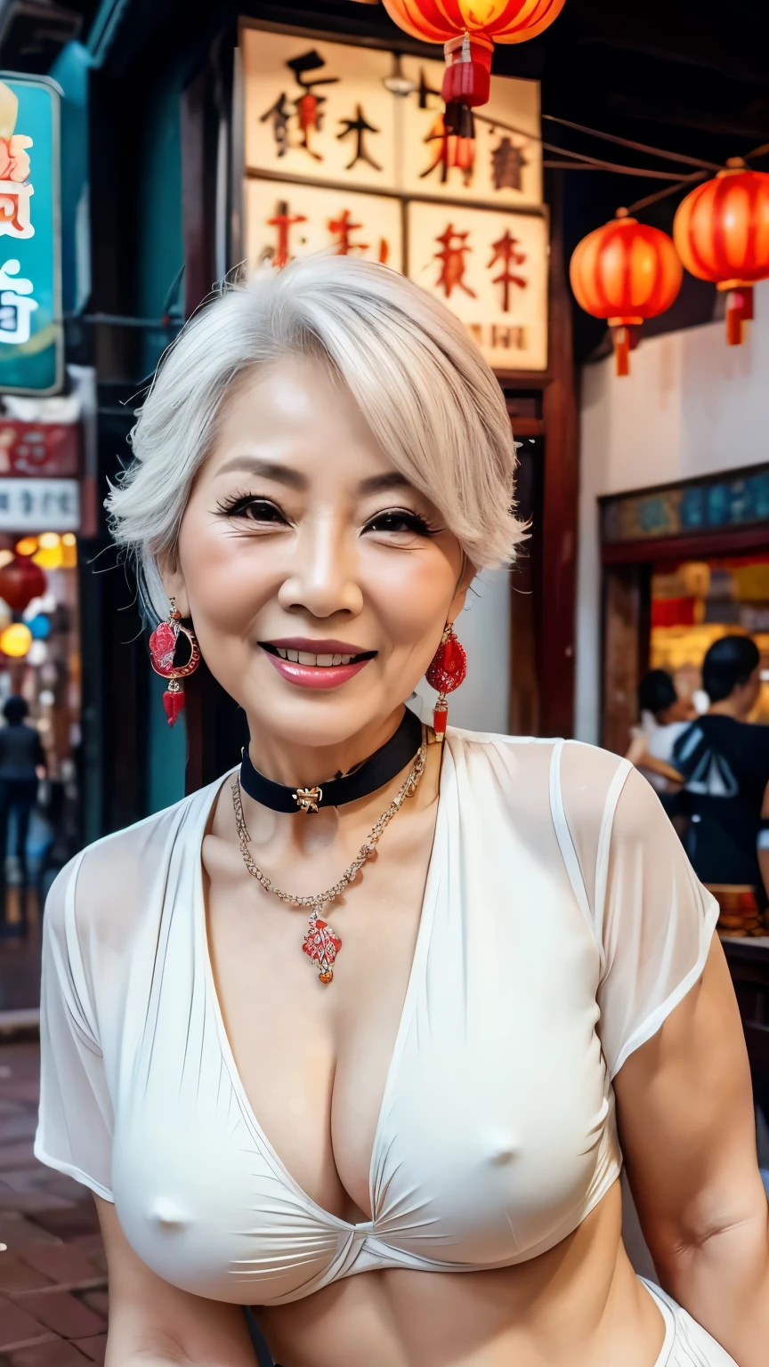 75 years old　Mom　MILF　Chinese Lady　large earring　Big choker　navel piercing decoration　A bracelet　realisitic　Gorgeous Madame Beautiful Mature Woman　sexy　Smile　Gentle woman navel piercing　４K　High quality　タンクトップ　重い胸