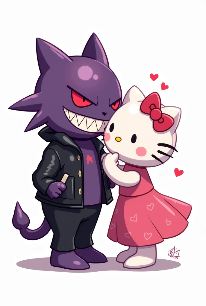 Evil Gengar and Pink Hello Kitty, with clothes, lovers kiss, 2d, White background