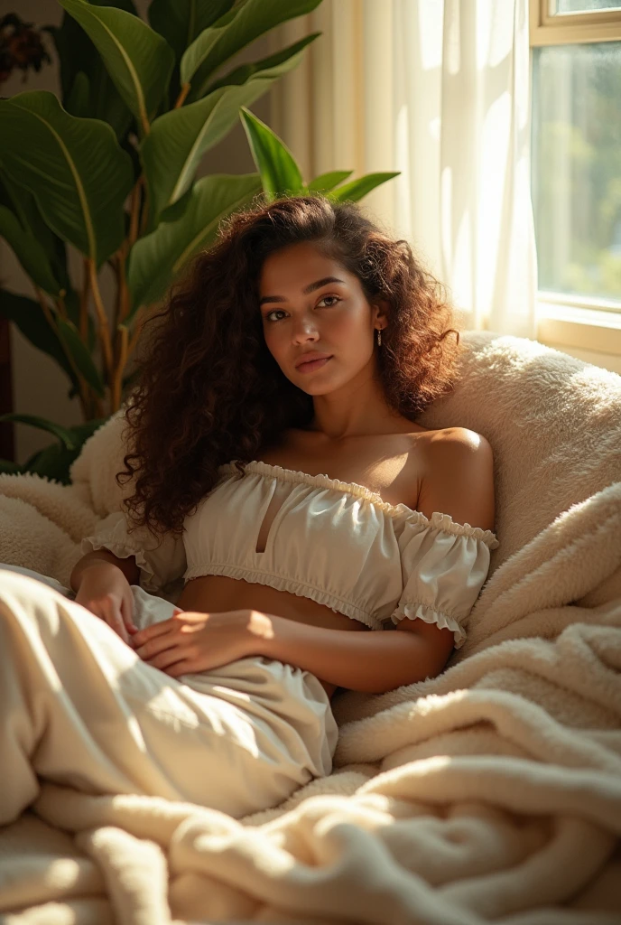 (photorealism:1.2), beautiful woman, sitting on bed, wearing loose off-shoulder top, pajama pants, long curly hair, indoors, soft lighting, plants in background, window with sunlight, cozy room, relaxed pose, realistic, intricate details, warm colors, by Greg Rutkowski, by Alphonse Mucha
