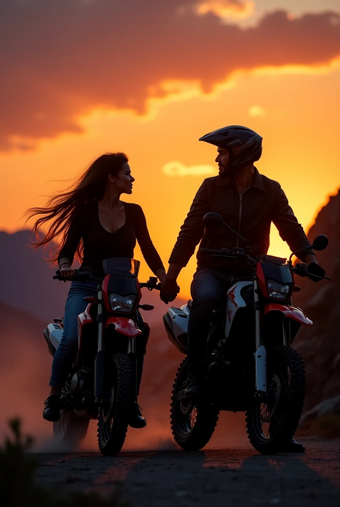 High quality photos of a couple in love from behind, one each on an enduro motorcycle, with the names Gilberto as a woman and Fany as a man, 