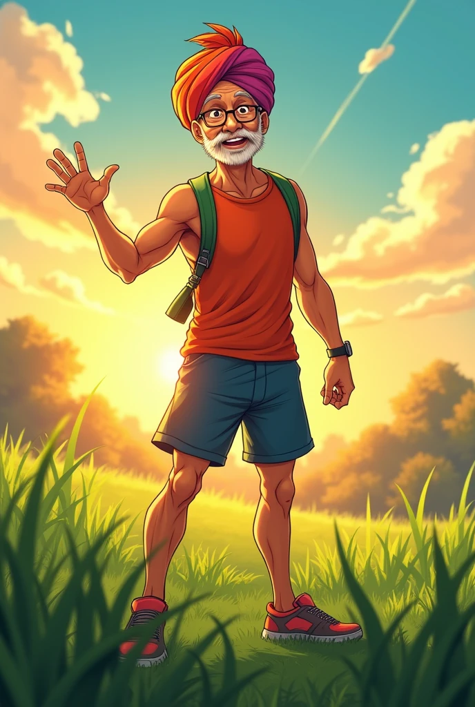 A anime old man wearing turban Fitness trainer standing in ground and showing hand gesture in left side