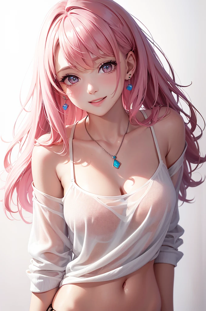 Best Quality,High resolution,8k,(plain white background, no patterns, no textures, just a plain white background:1.3),Masterpiece:1.2),beautiful girl,Shiny pink hair,messy hair,Pink eyes,oversized graphic tee, paired with pre-ripped jeans, colorful cotton fabric with a subtle pattern, casual sneakers with a pop of color, Accessories include a playful pendant necklace and colorful stud earrings,Gentle look,A refreshing look,smile,Best quality,Best Quality,Aesthetic and aesthetic:1.2,Best details((Super detailed))(High-definition CG illustrations),Slender body,smile,blush,cute,Scrounge,Looking up,Being spoiled,super model
