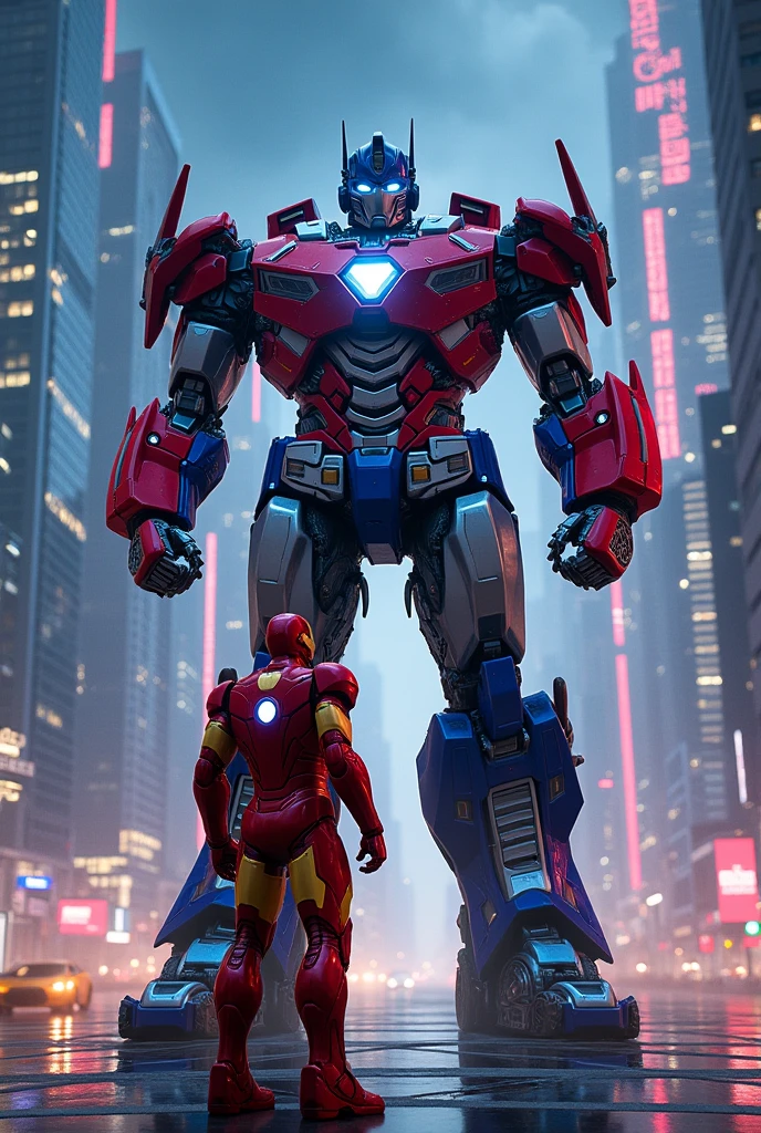 "Create a dramatic scene where Iron Man, in his sleek, red and gold armor, stands confidently in front of Optimus Prime, the towering Autobot leader. They face each other in the heart of a futuristic city, surrounded by skyscrapers that stretch into the sky, emphasizing Optimus Prime’s immense height. Iron Man, with his repulsors glowing and helmet on, appears ready for action, while Optimus Prime, with his iconic blue and red truck-like body, stands tall and imposing, his eyes glowing with a fierce determination. The cityscape behind them is detailed, with towering, ultra-modern buildings that dwarf Iron Man but still provide a powerful backdrop to the scene. The focus should be on the stark contrast between Iron Man’s human-sized armor and Optimus Prime’s massive mechanical form, capturing the epic scale and tension of their encounter."