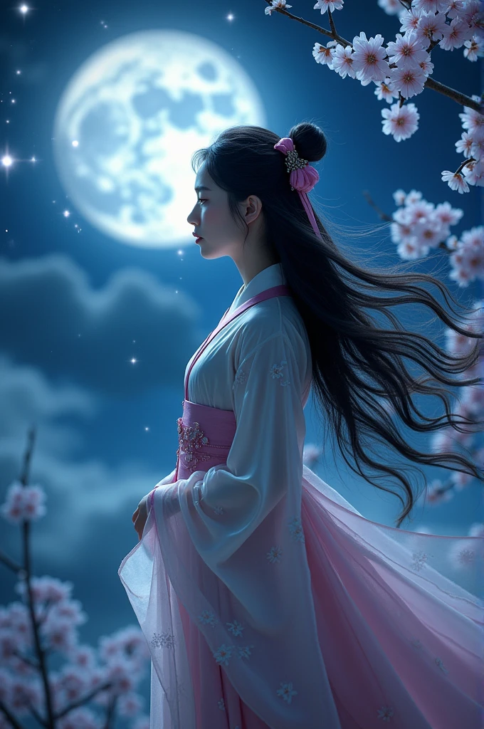 Korean style long hair background night moon