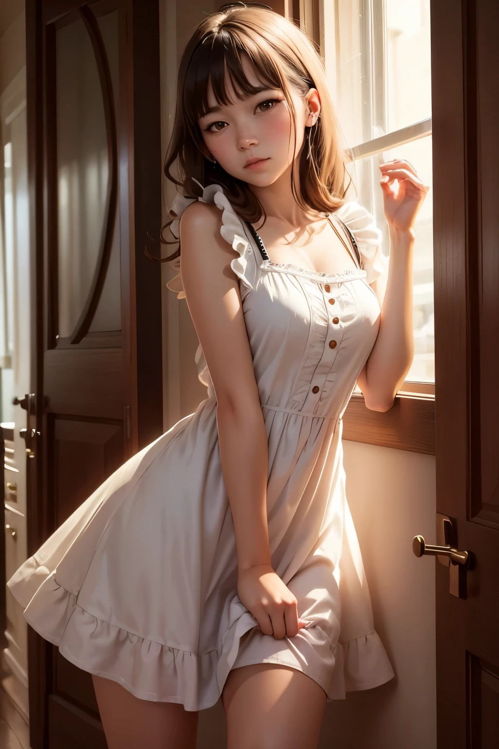 Waiting for misstress to come home, wearing short dress and nervous expression 