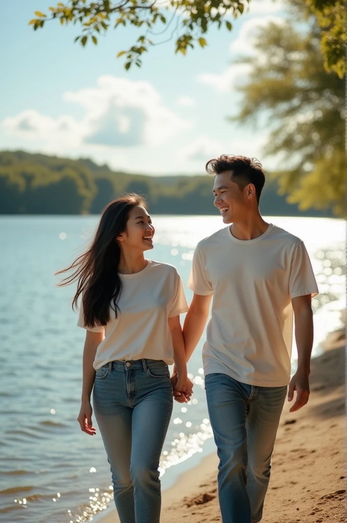 a beautiful, slightly fat Asian girl, wearing casual clothes, is walking hand in hand with a handsome Asian man. on the edge of a beautiful lake. smiling