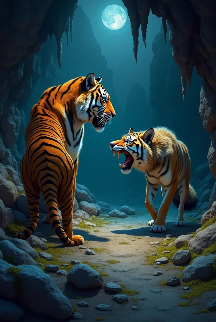 In the cave, the tiger speske to the wolf. The wolf was very angry.