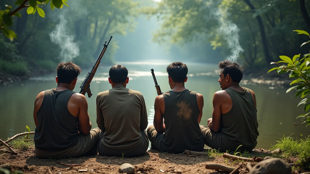 5 Khmer old men around 40 years old holding gun () and sitting nearby the small river in the forest with flames nearby 8k