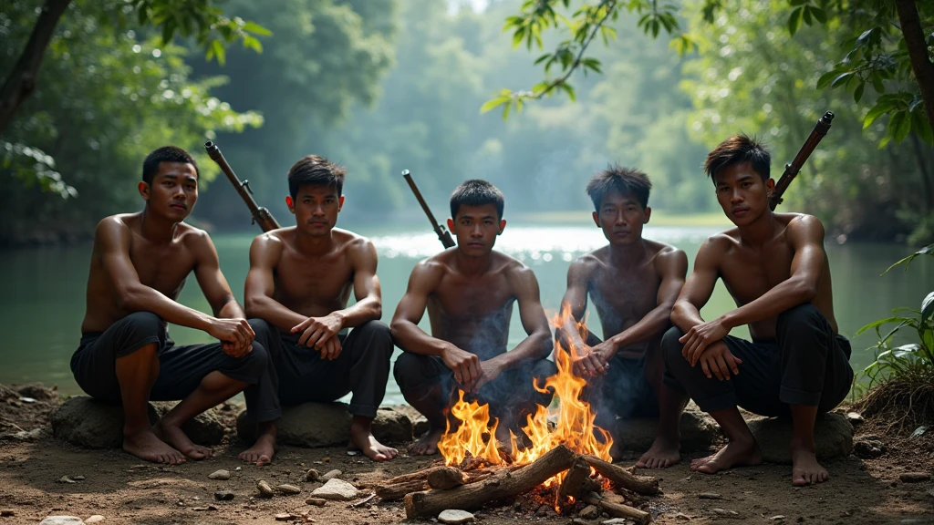 5 Khmer old men around 40 years old holding gun () and sitting nearby the small river in the forest with flames nearby 8k