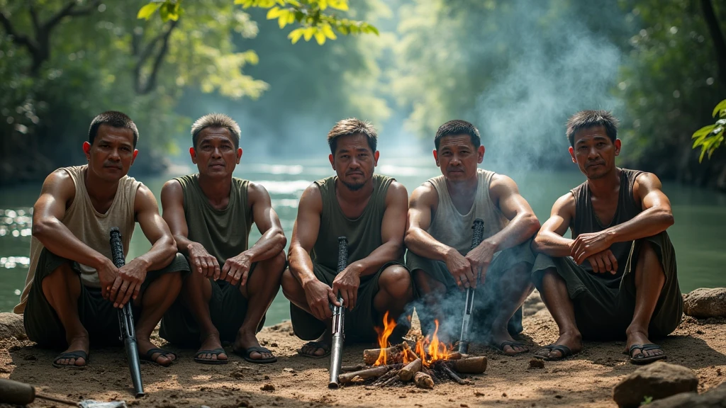 5 Khmer old men around 40 years old holding gun () and sitting nearby the small river in the forest with flames nearby 8k