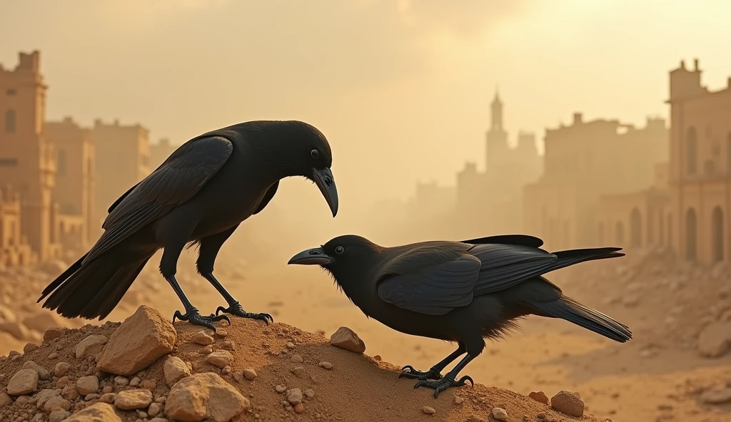 Photo of crows eating human on the ruin of a city, sand, sand cloud, heat, hazy, rubles, debris,